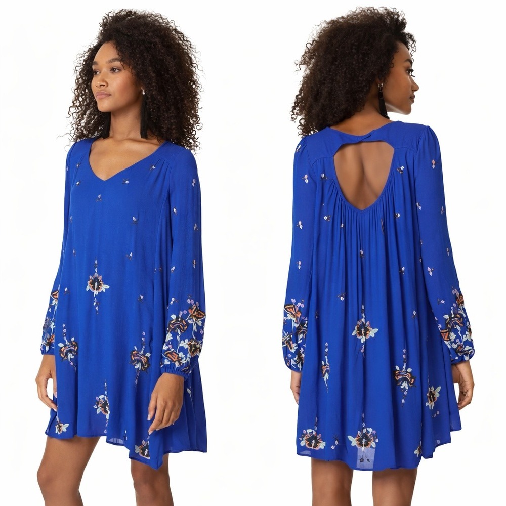 Free People Capri Blue Boho Embroidered Tunic Dress V-Neck Keyhole Back XS